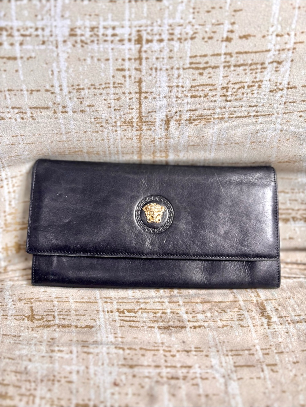 Gianni Versace Black Leather long wallet with Gold Medallion